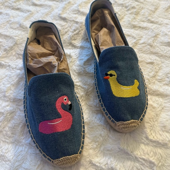Soludos x Mary Matson Denim Embroidered Flamingo and Duck Espadrilles Size 9 - Picture 2 of 11